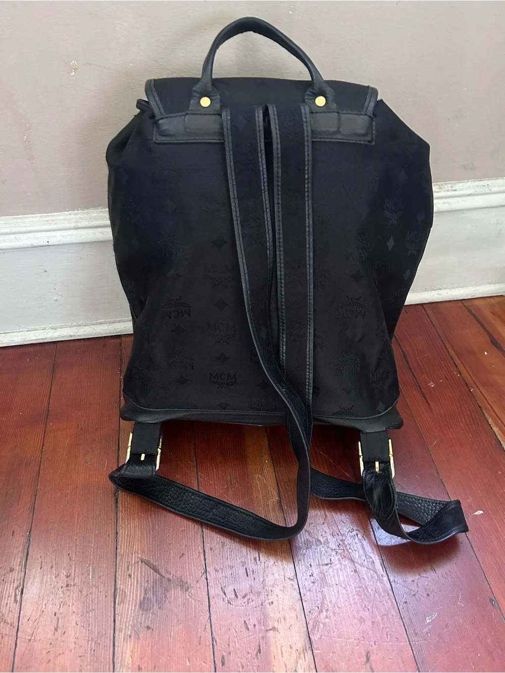 MCM Black Logo Backpack with Gold Plaque